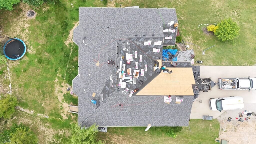 Overhead drone view of a roof replacement in progress in Emory Creek, Branson, MO